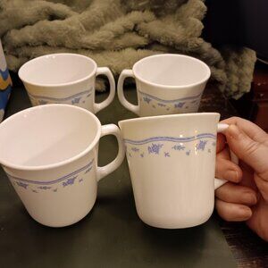 Vintage Corning Ware Corelle Morning Blue Coffee Cups Mugs Set of 4 AWESOME!!